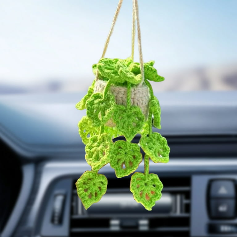 LINASHI Car Mirror Hanging Accessory Handmade Knitted Cute Crochet Potted  Plant Rear View Decor Car Interior Accessories 