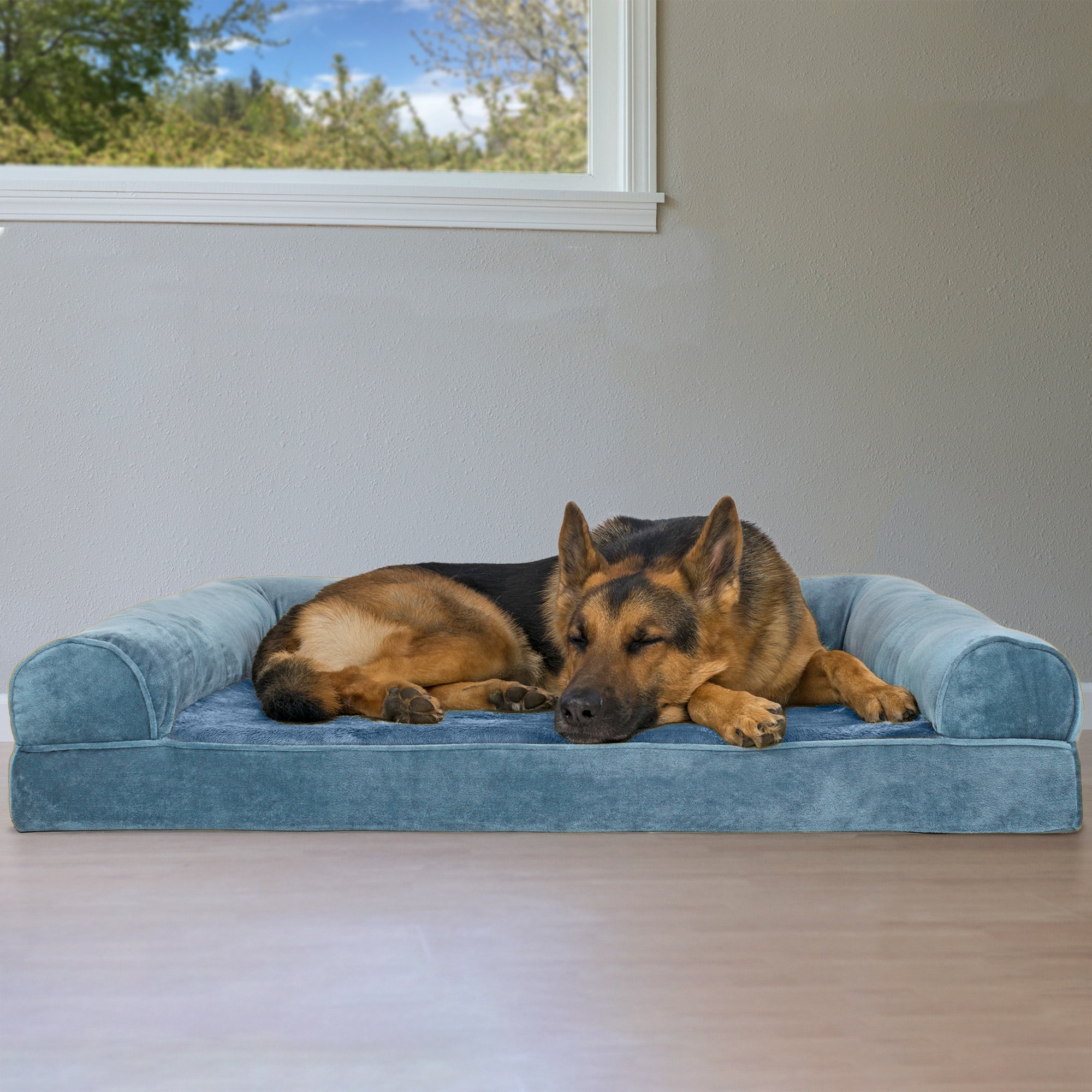 FurHaven Pet Products Faux Fur & Velvet Orthopedic Sofa Pet Bed for Dogs & Cats - Harbor Blue, Jumbo
