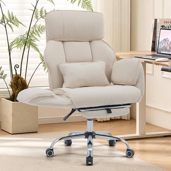 NYOAK Reclining Office Chair with Footrest, Wide Seat Criss Cross Corduroy Desk Chair with 180 Degree Flat Armrests and Lumbar Pillow, Beige, 330 lb