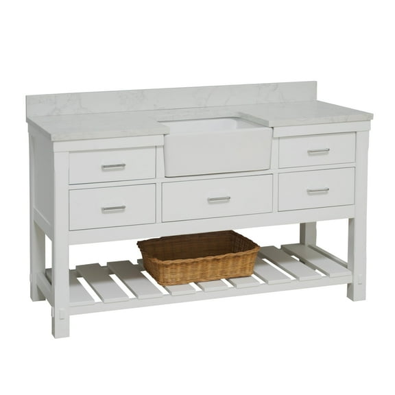 Charlotte 60" Single Farmhouse Bathroom Vanity with White Cabinet and Engineered Carrara Top