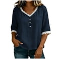 thumbnail image 2 of Otntypg Womens Linen Tops Elbow Length Sleeve Lace Trim Button V Neck T-shirt Dressy Casual Work Blouses Summer Outfits Beach Vacation Tunic Tees Shirt Navy M, 2 of 7