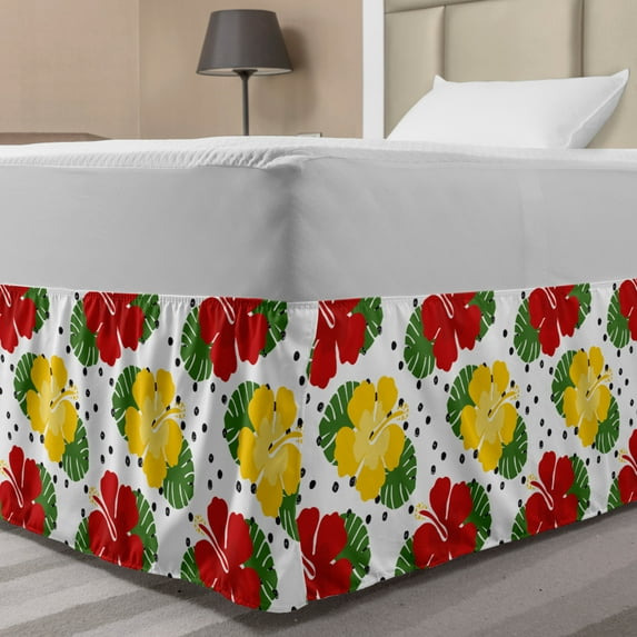 Tropical Bed Skirt, Illustration of Exotic Foliage with Grunge Polka Dots and Hibiscus Flowers, Elastic Bedskirt Dust Ruffle Wrap Around for Bedding Decor, 4 Sizes, White Multicolor, by Ambesonne