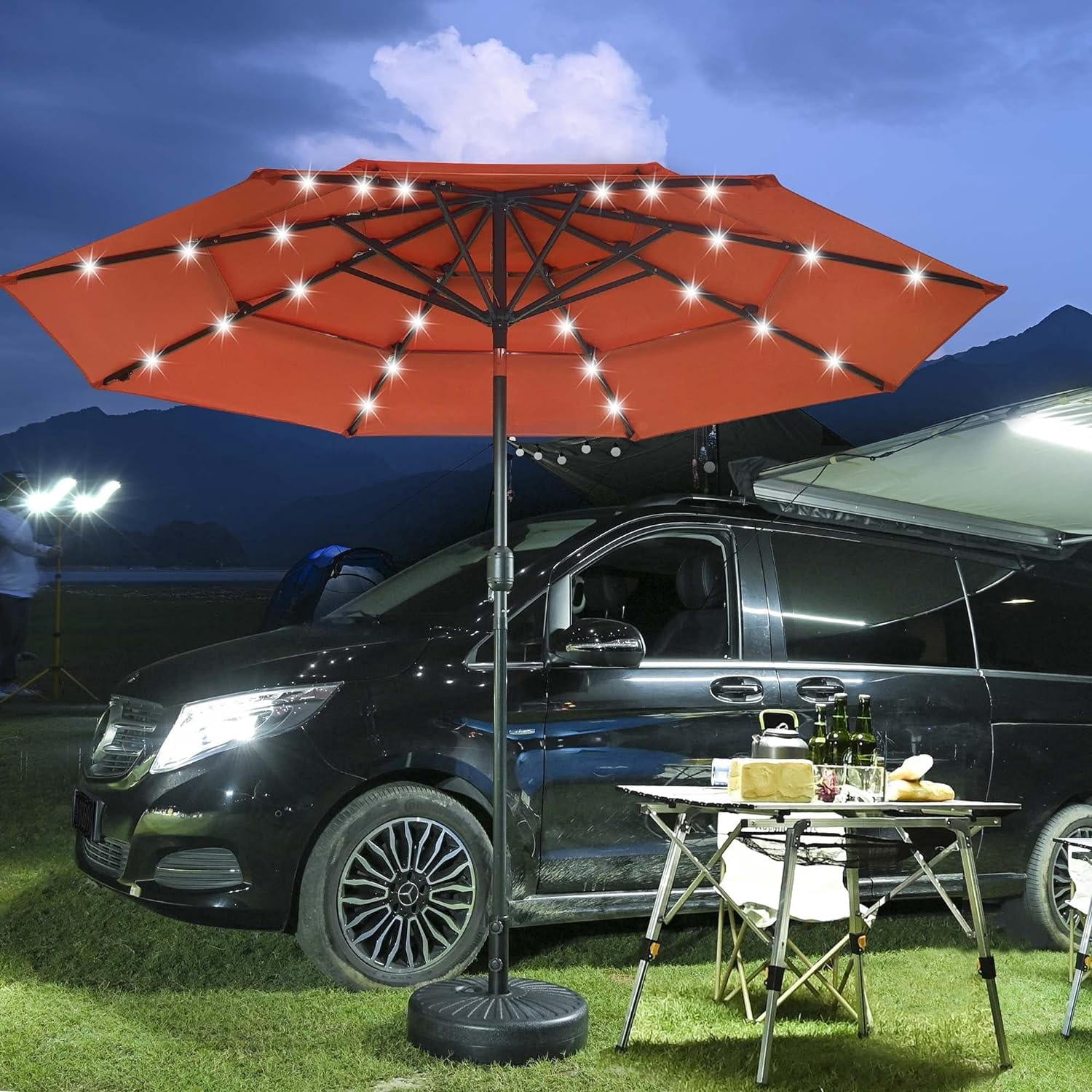 10x6.5 ft Outdoor Rectangle Solar Powered LED Patio Umbrella with Crank Tilt for Garden Backyard Table Market Pool, Red