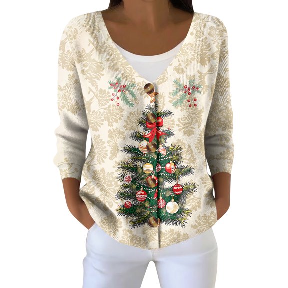 Women's Fashion Long Sleeve Christmas Snowman Snowflake Print Jacket Cardigan for Holiday Party and Casual Daily Wear,Khaki,S