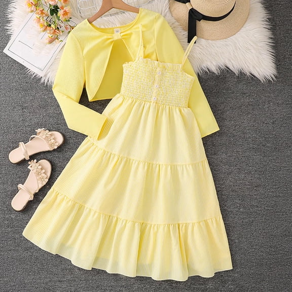 Placlothes Girls Yellow 2-Piece Outfit 8-13Y: Cardigan   Spaghetti Dress, Soft Polyester, Machine-Washable,Size 8-9T