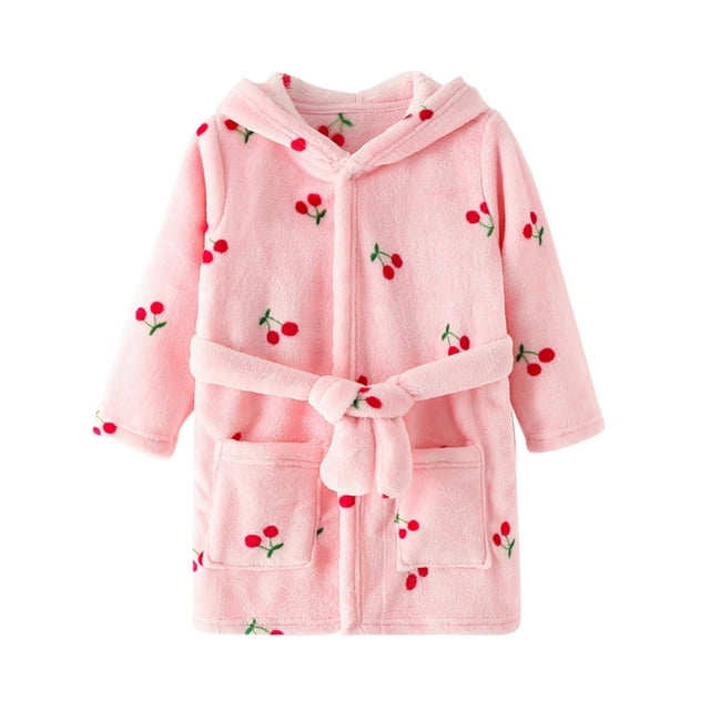 Hiiyo Little Girls Cartoon Bathrobe Hooded Warm Flannel Night Robe Sleepwear, Sizes 2-8