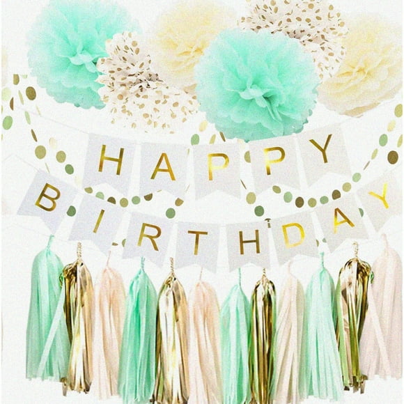 Minty Gold Celebration Kit: Happy Birthday Banner, Tissue Paper Tel Garland, Pom Poms, Circle Garland. Perfect for Birthdays, Baby Showers & First Birth!