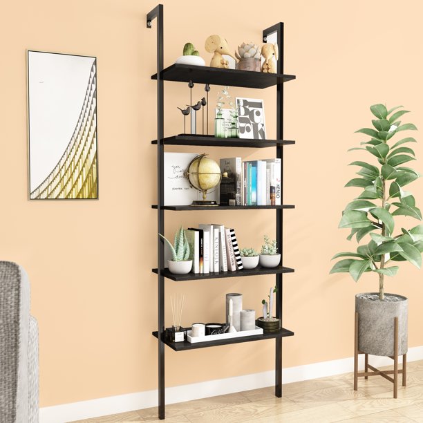 5Shelf Wood Ladder Bookcase with Metal Frame, Industrial 5Tier Modern