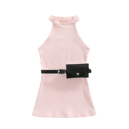

Sunisery Little Girls Summer Dress Sleeveless Hollow Shoulder O-Neck Plain Ribbed Dress + Adjustable Waist Bag Pink 3-4 Years