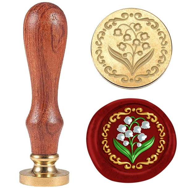 Sello de lacre 3D con diseño de lirio de los valles. Sello repujado de latón con cabeza de 2,5 cm (1 pulgada) y mango de madera.