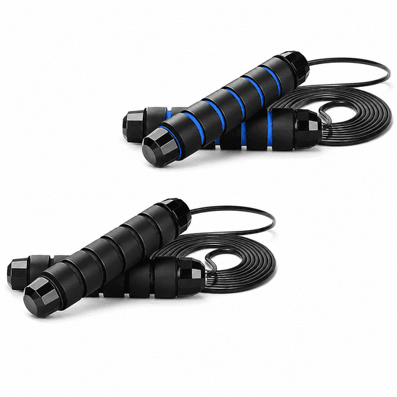 2‑Pack Steel Wire Jump Ropes, 1 Solid Black & 1 Black‑Blue, Anti‑Tangle Anti‑Knot Bearing Design, Non‑Slip Sweat‑Resistant Grips for Home Gym Cardio Fitness Workout