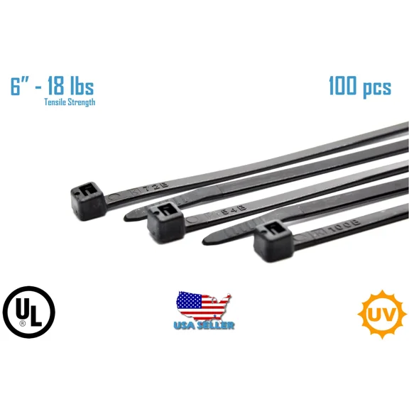 Cable Ties 6" Zip Nylon 100Pcs Black Heavy Duty 18Lbs Uv Weather Resistant