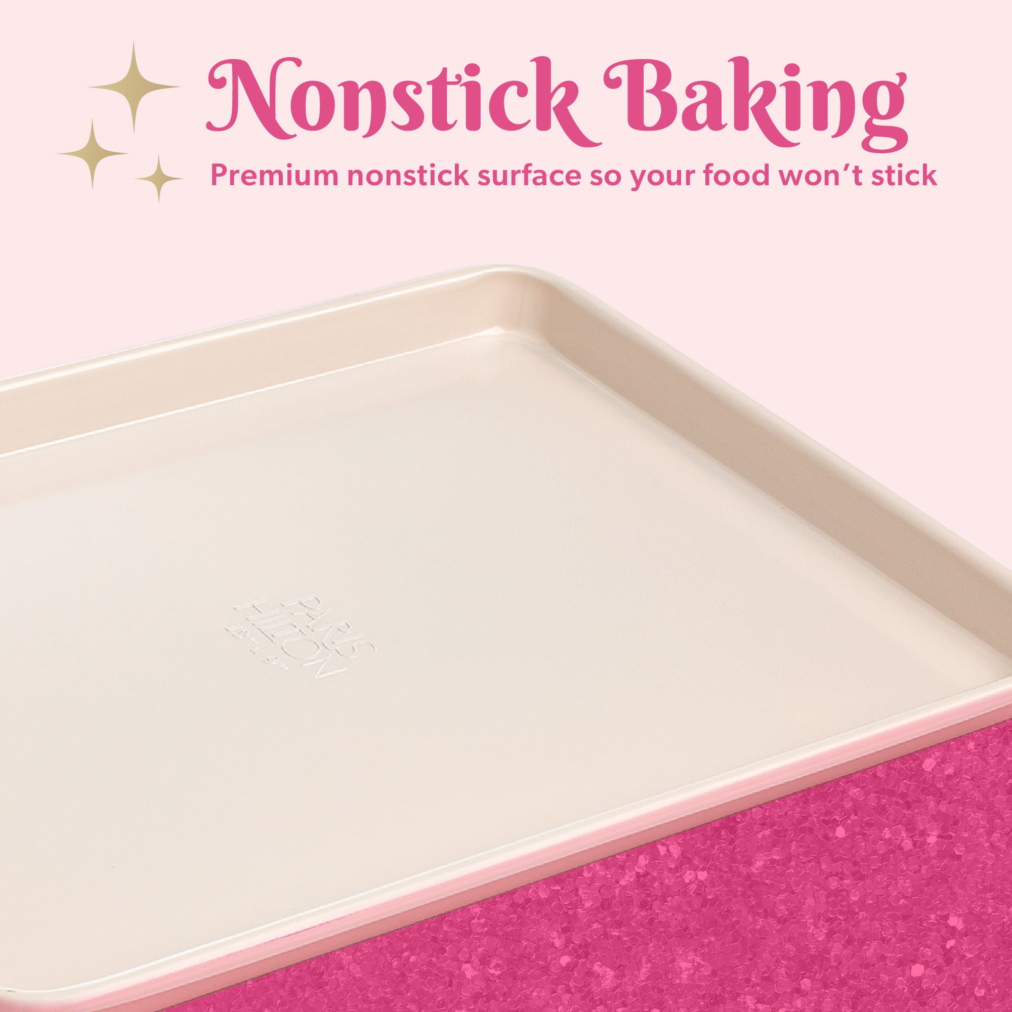 Paris Hilton 3-Piece Nonstick Cookie Sheet Pan Bakeware Set, Carbon Steel Baking Sheets, Dishwasher Safe, Pink