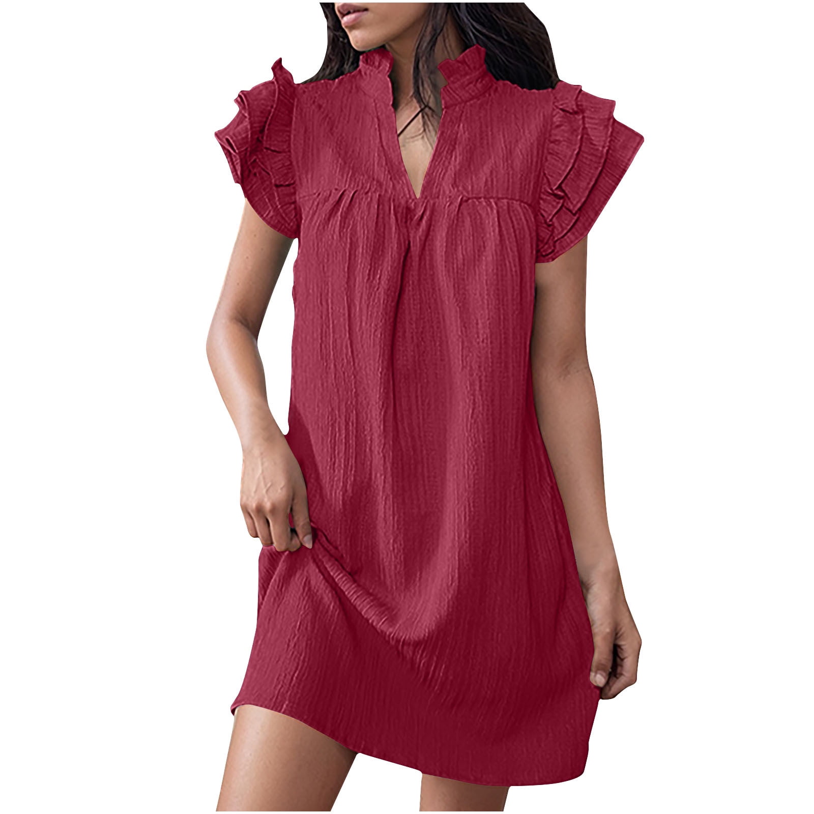 Staron Casual Dresses for Women Ruffle Short Sleeve Dress Casual Spring Sundress Smocked V Neck Solid Color A Line Mini Flowy Tunic Dresses