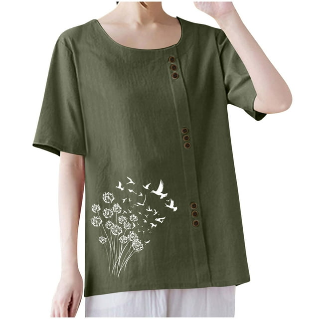 Hauts en Lin à Col Rond Surdimensionnés pour Femmes Manches Courtes T-Shirts en Coton Imprimé Floral Boutons Blouses Tendance