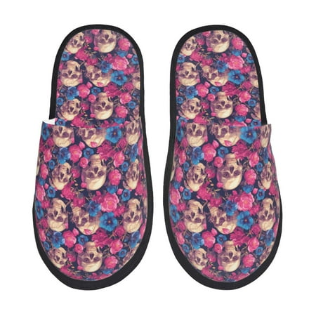 Balery Skull rose blue flower Slient Indoor Furry Fleece Comfort House Shoes Soft Non-Slip Home Shoes Cotton slippers House Slippers-- Large