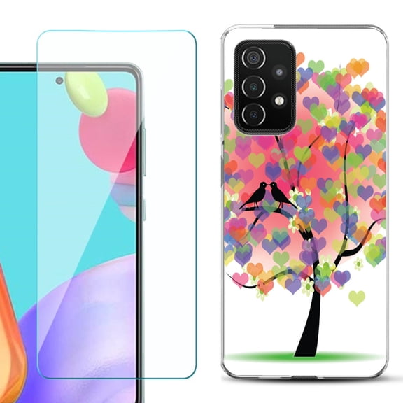 Slim-Fit Flexible Gel TPU Phone Case compatible with Samsung Galaxy A52 5G, with Tempered Glass Screen Protector, by OneToughShield ® - Color Hearts Tree
