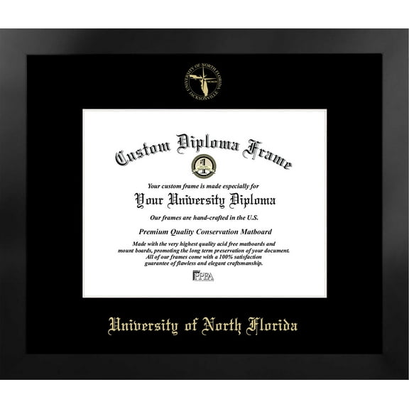 University of North Florida 11w x 8.5h Manhattan Black Single Mat Gold Embossed Diploma Frame with Bonus Campus Images Lithograph (value savings at $59)