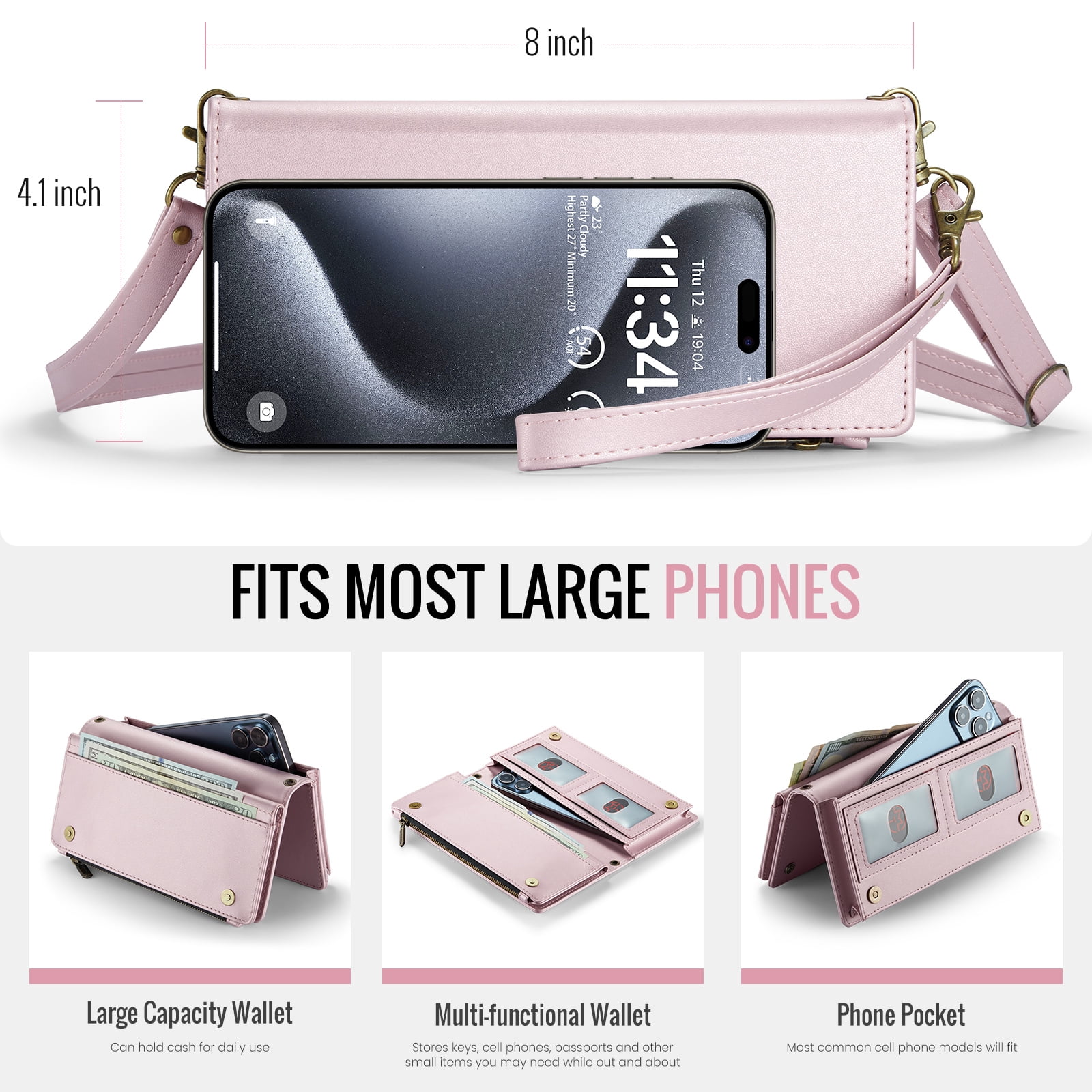 ELEHOLD Phone Bag Wallets for Women Girls,Luxury PU Leather Wallet Bag Crossbody Handbag with Phone Pocket Zipper Pocket Large Capacity Credit Card Holders Wriststrap Shoulder Strap,Pink