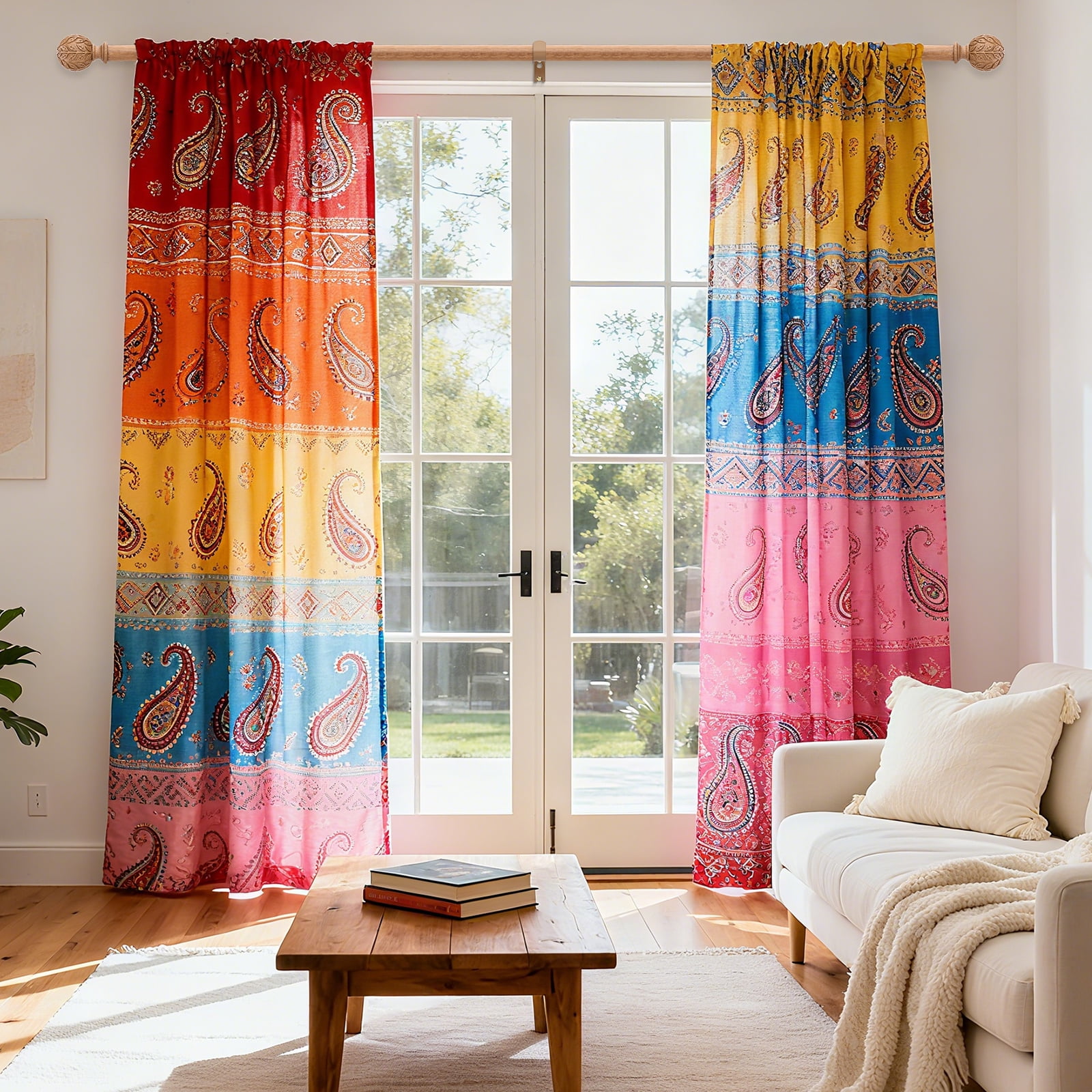 OLV Boho Curtain Rods 36-88" Heavy Duty with Wood Grain Leaf Finial,Burlywood