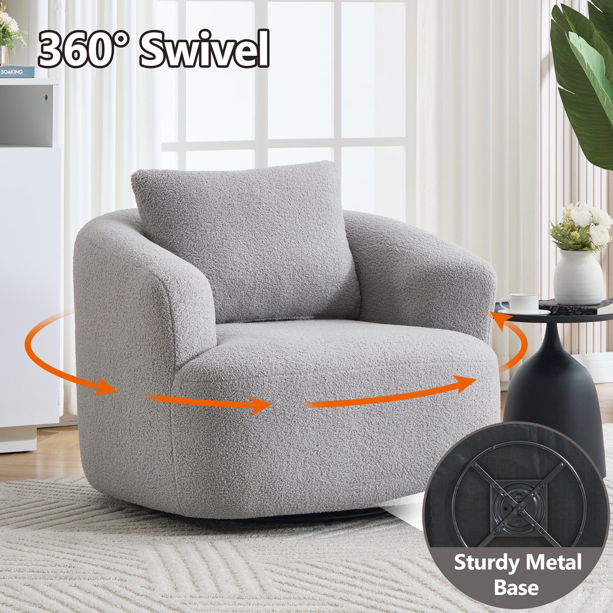 Swivel Accent Chair,360° Round Upholstered Armchair with One Soft Pillow,Teddy Fleece High-Resilience Sponge Single Sofa for Living Room, Bedroom, Apartment,No Assembly,Light Gray