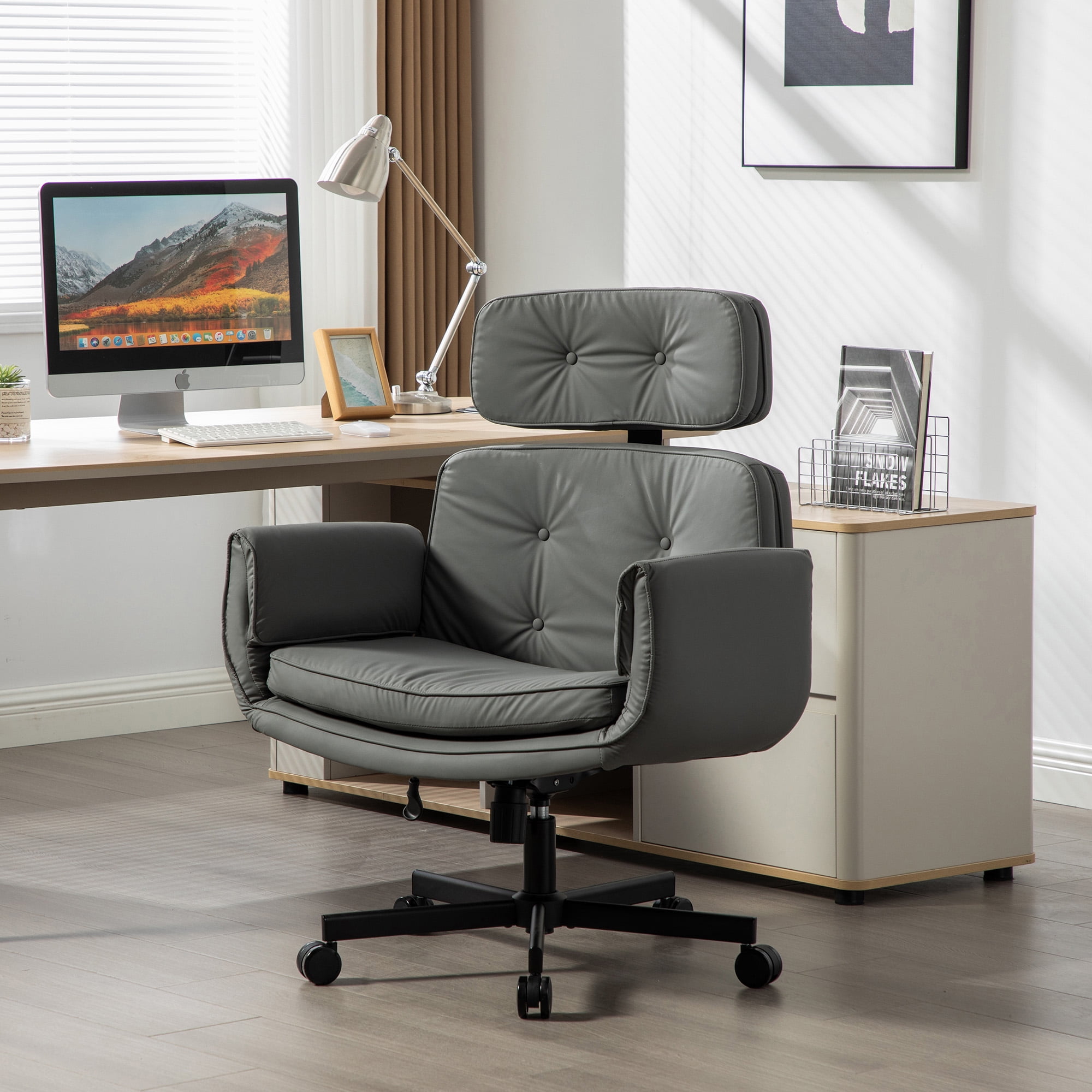 Peispie Criss Cross Office Chair with Adjustable Arms, Leather Cross Legged Desk Chair with Headrest, Wide Seat High Back Swivel Computer Office Chair for Home Office, Grey