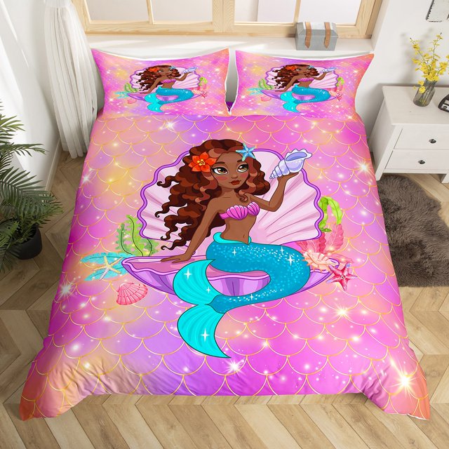 YST Kawaii Black Girl Duvet Cover Twin Cute Mermaid Bedding Set for