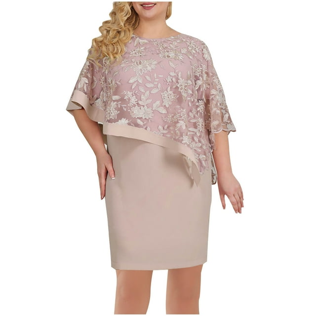 Capelet Robe Mère de la Mariée Grande Taille en Dentelle Bobycon Robe Crayon Invitée de Mariage Cape Cocktail Robes de Soirée Rose, TG