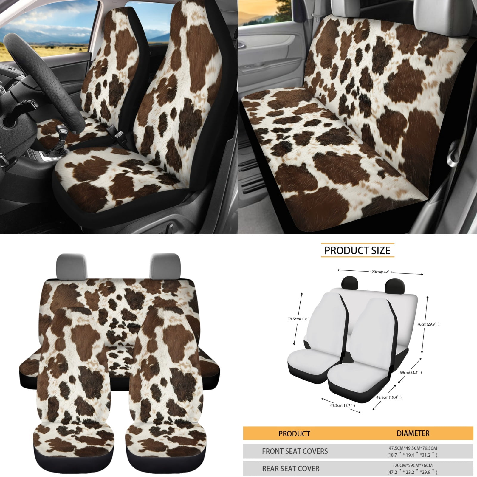 Yuyamidu 12 Pieces Car Seat Covers and Steering Wheel Cover Brown Cow Print Auto Seat Belt Strap Pad Cute Car Coasters Wrist Key Chain Chapstick Holder Keychain