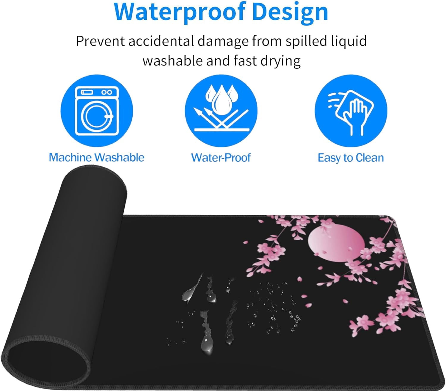 Japanese Cherry Blossom Gaming Mouse Pad Black Desk Mat, Long 31.5x11.8 Inch, Extended Big Desk Pad, Pink Flower Mousepad, NonSlip Base, Stitched Edges for Work Gaming Office