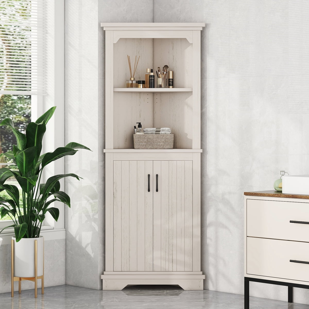 Tall Corner Cabinet with Doors for Living Room, 69.4" Storage Cabinet with Open Shelves, Space-Saving Corner Storage for Bathroom Dining Room Kitchen, Beige