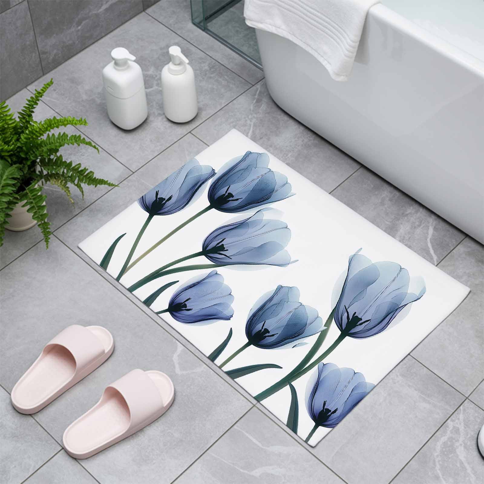 Blue Tulips Indoor Door Mat - 18"x30", Non-Slip Welcome Mat for Outdoor, Spring Summer Floral Rustic Botanical Front Doormat for Entry, Low-Profile Doormat Entrance Rug for Kitchen/Bathroom