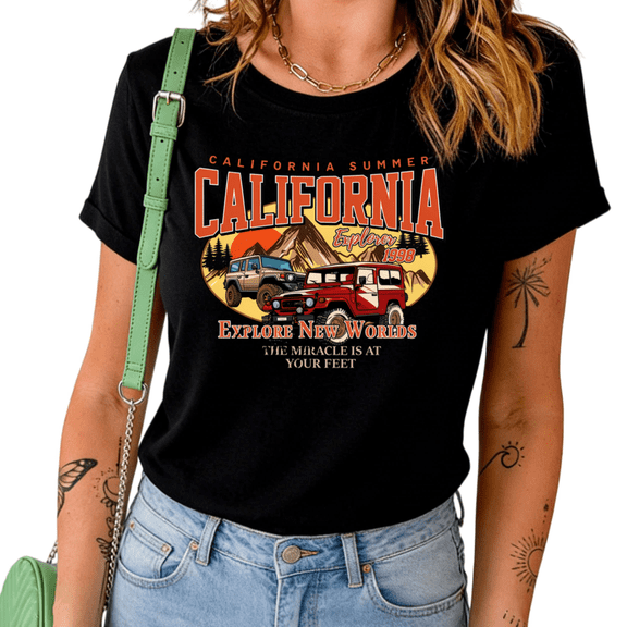 UNISHE Women's California Summer Explore New Worlds Off-Road Truck Graphic Short Sleeve T-Shirt Crewneck Adventure Tee