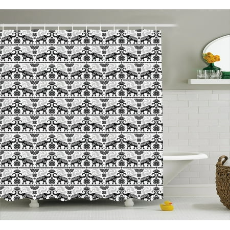 Elephant Shower Curtain Bohemian Tribal Patterns Asian Elephants Traditional Tattoo Art Mandala Fabric Bathroom Set With Hooks 69w X 84l Inches