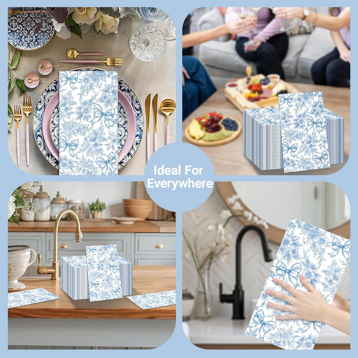 100 PCS Blue Napkins Disposable, Blue Floral Napkins, 3 Ply Printed Decorative Flower Guest Napkin, Chinoiserie Napkin, Bridal Shower Wedding Decorations, Birthday Table Party Supplies