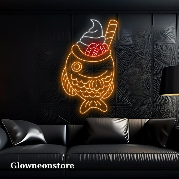 Glowneon Fish Ice Cream Neon Sign, Taiyaki Ice Cream Led Light, Japanese Fish Ice Cream Wall Art