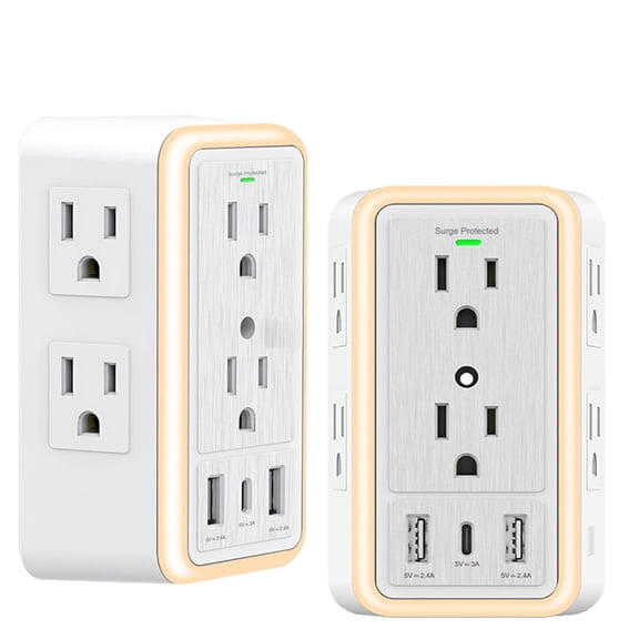 10-in-1 Wall Outlet Extender with Night Light, Surge Protector 6 AC Outlets 2 USB-A 2 USB-C Ports, 3-Side Design Multi Plug Outlet with Dimmable Nightlight for Home Office Dorm
