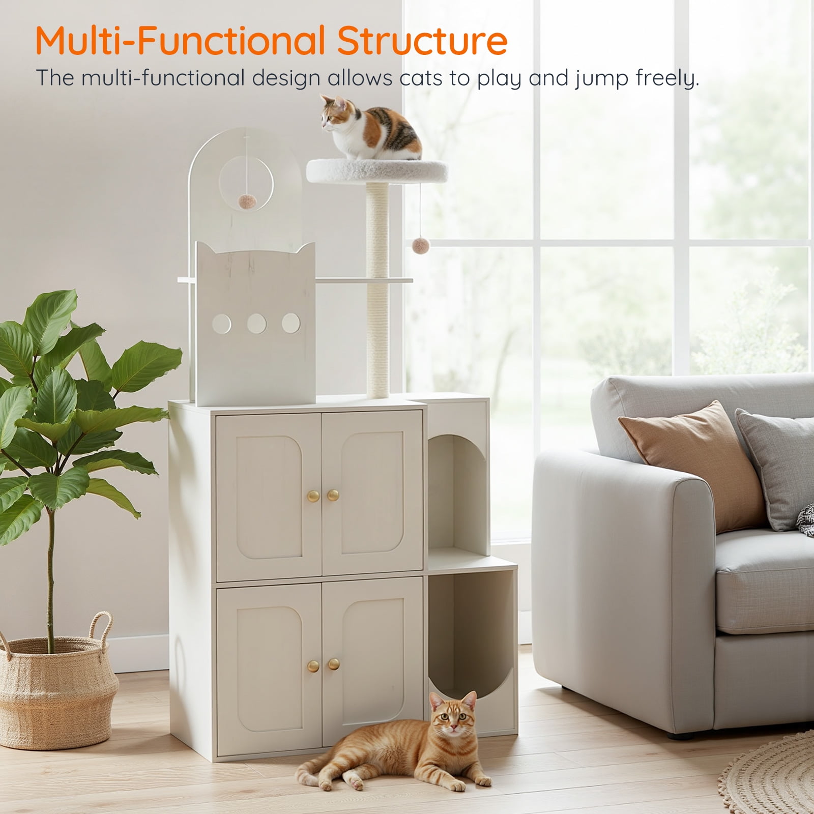 Cat Tree with Litter Box Enclosure, Hidden Double Cat Litter Box Enclosure Furniture, Modern Cat Tree with 2 Dangling Balls and 2 Sisal Scratching Posts for 2 Cats, White WH27MZ03