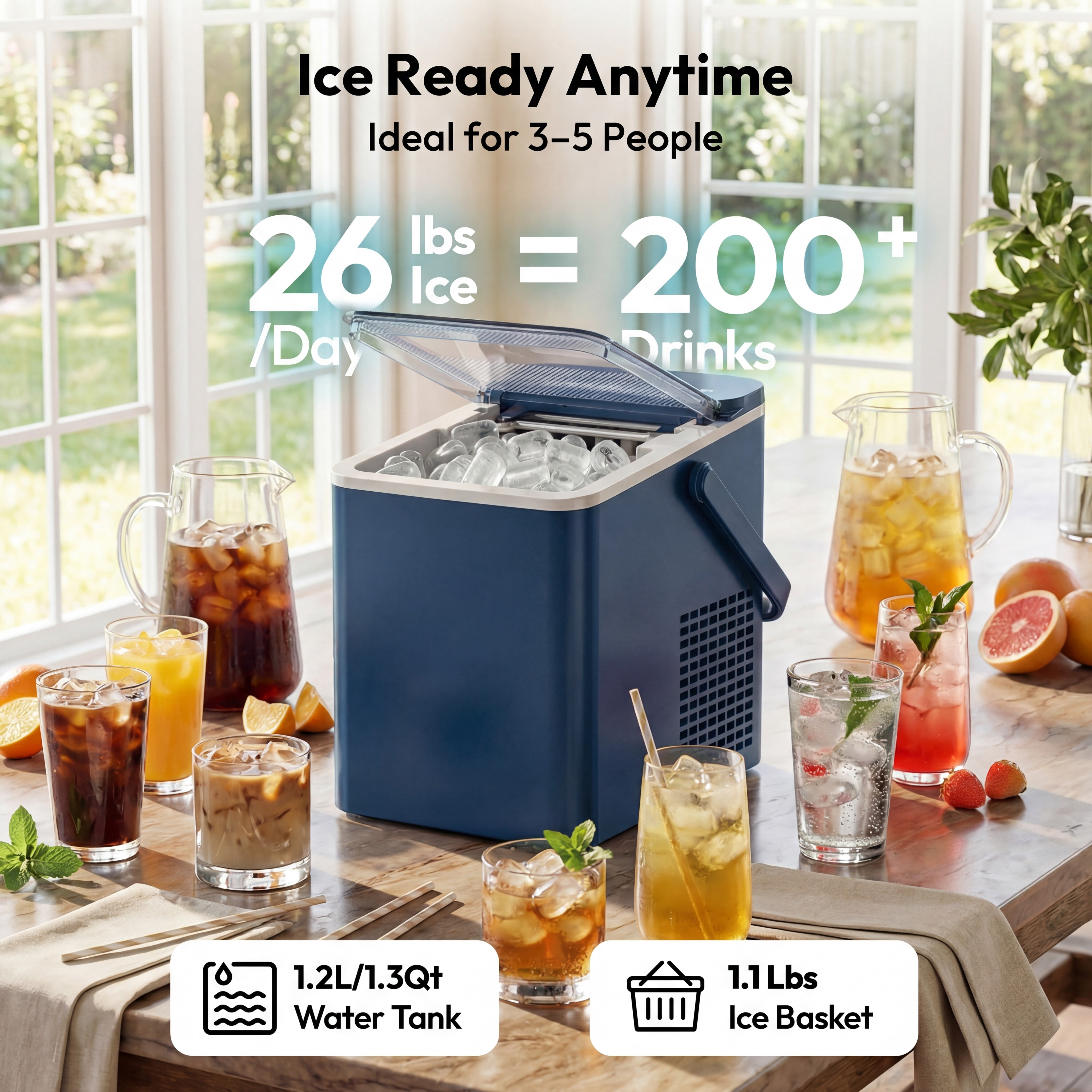 EUHOMY Countertop Ice Maker, 26 lbs/Day Portable Bullet Ice Machine, Self-Cleaning, Compact Design, Blue