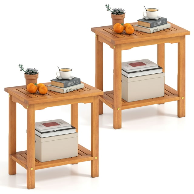 Gymax Ensemble de 2 Tables d'Appoint d'Extérieur en Bois d'Acacia, Table d'Extrémité de Patio à 2 Niveaux avec Plateau à Lattes