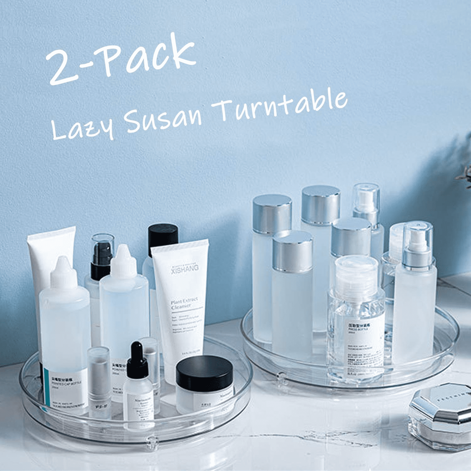 2 Pack Lazy Susan Cabinet Organizer 9" Clear Plastic Turntable Organizer Rotating Spice Rack Kitchen Storage Cosmetic Makeup Organizers for Pantry, Countertop, Fridge, Shelf, Vanity, Bathroom