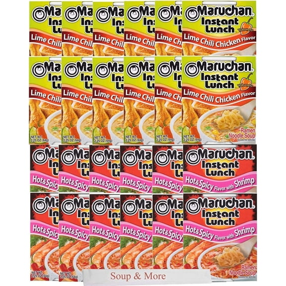Maruchan Ramen Instant Cup Noodles 24 Count - 12 Hot & Spicy Shrimp Flavor & 12 Lime Chili Chicken Flavor Lunch / Dinner Variety, 2 Flavors