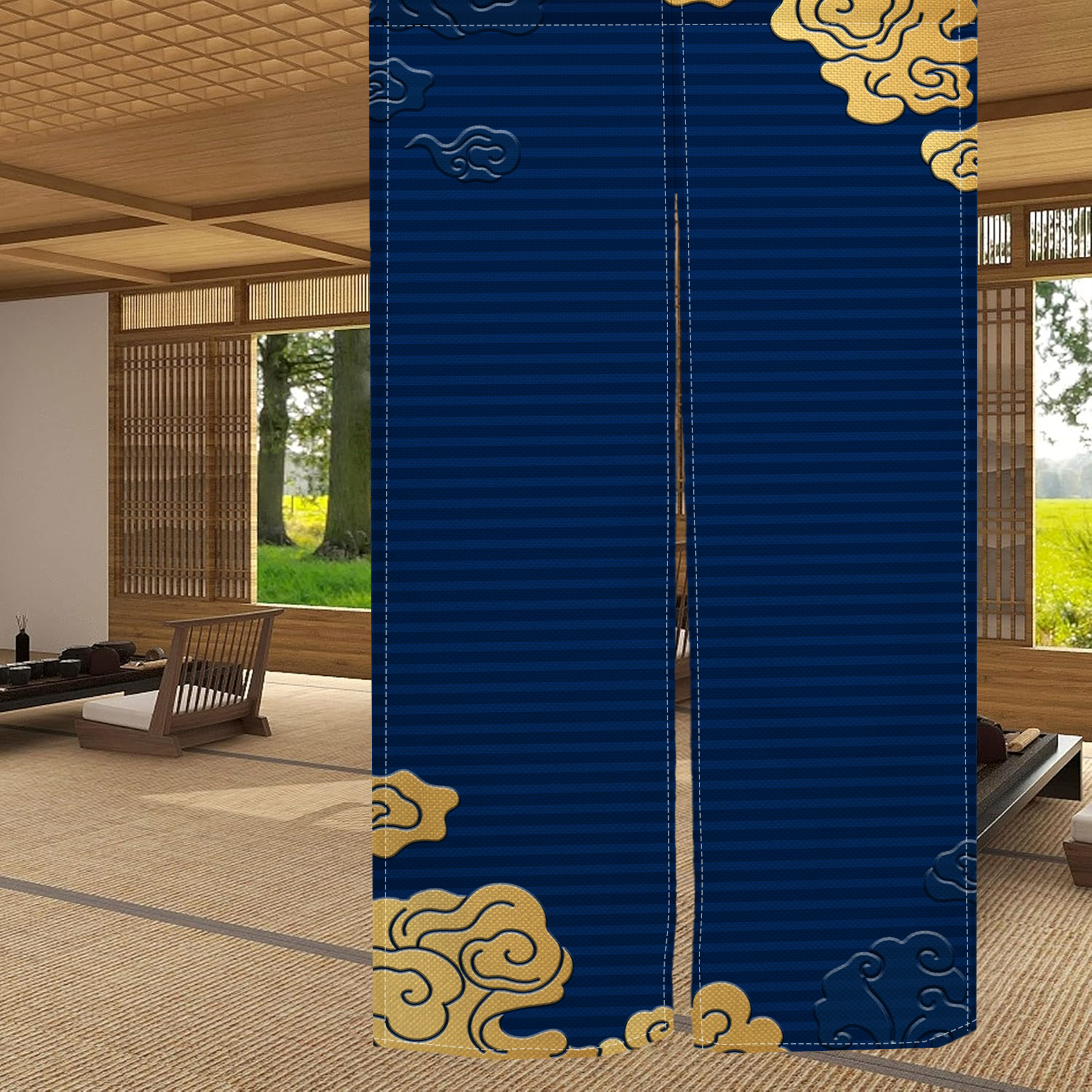 Noren Doorway Curtain Japanese Style Gold Cloud Printed Linen Window Treatment Door Tapestry for Home Decoration 33.5"x67",Navy Blue