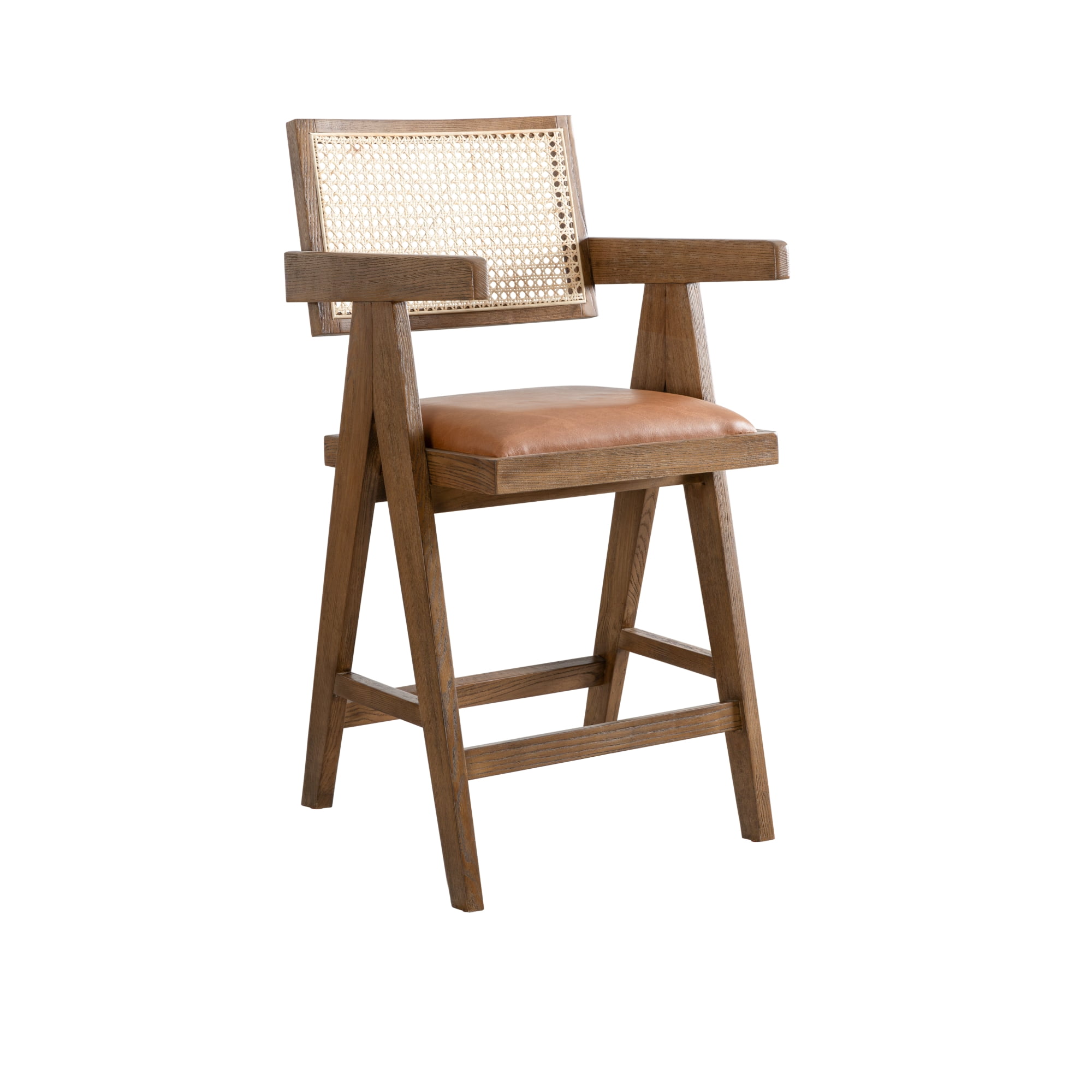 Harley Nutmeg Brown Solid Wood and Rattan Upholstered 26" Counter Height Barstool with Red/Brown Faux Leather Seat - Set of 2