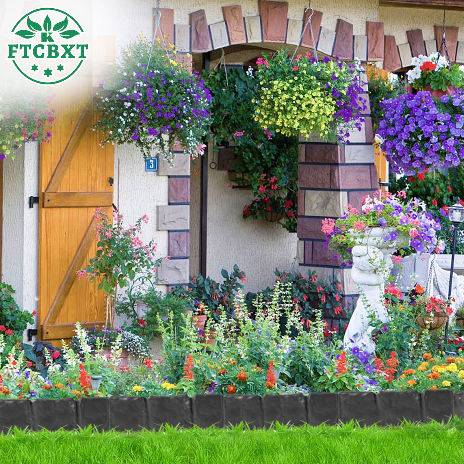 FTCBXT Garden Edging Border, 24 Ft Plastic Landscape Edging Border with Anchoring Spikes, Imitation Stone Fence for DIY Outdoor Yard Landscaping (30 Pcs, Black)