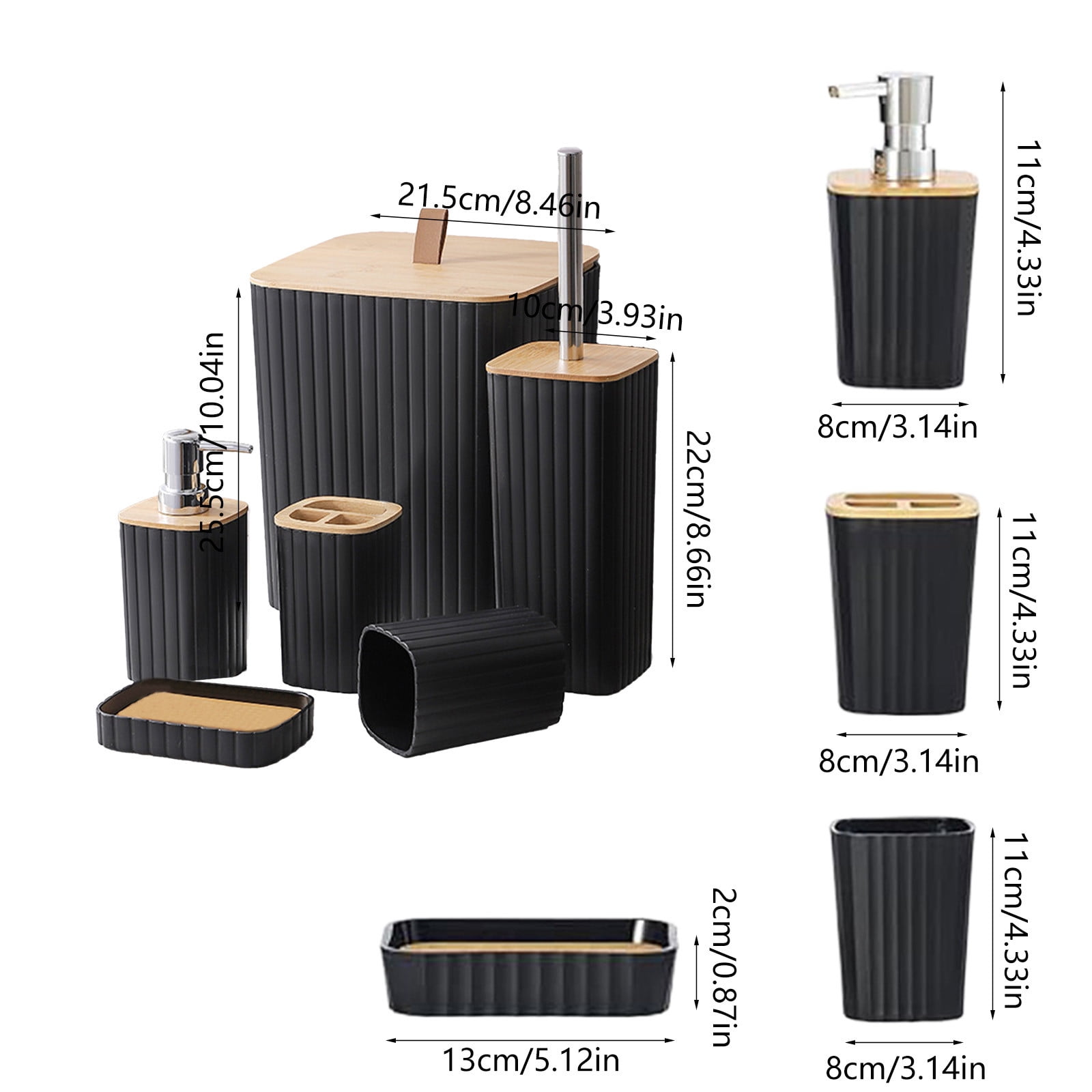 Kraoden 6 Pcs Bathroom Accessory Set, Plastic Bathroom Accessories with Toilet Brush, Soap Dispenser, Trash Can & Toothbrush Holder, Elegant Bathroom Decor