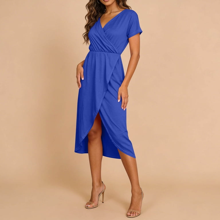 Byworldtasic Long Formal Dresses for Women Gowns Dress Split Elegant V Neck Wrap Ruffle Wedding Guest Dresses