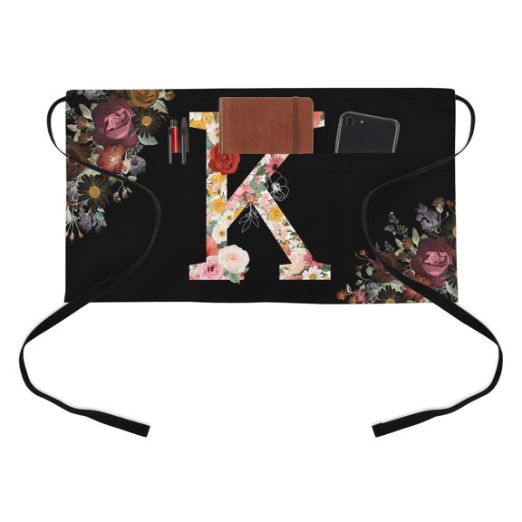 Black Letter K Flower Kitchen Restaurant Half Waist Apron, Watercolor Alphabet K Pink Beige Floral Leaf Server Short Apron with 3 Pockets Waterproof Oil Waist Aprons for Women Waitress Waiter