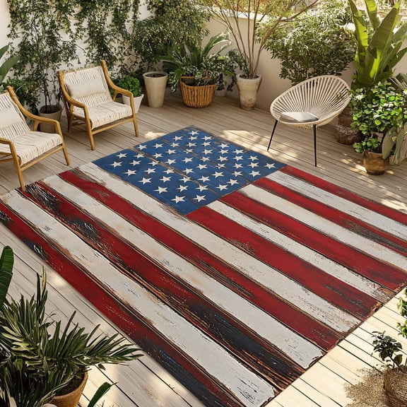 Farmhouse American Flag Outdoor Rug 4x6 Ft - Reversible Patio Rug Outdoor Camping Rugs, Blue Red USA Flag Vintage Washable Indoor Outdoor Area Rugs, Non-Slip Outdoor Carpet Runner for Deck/Porch