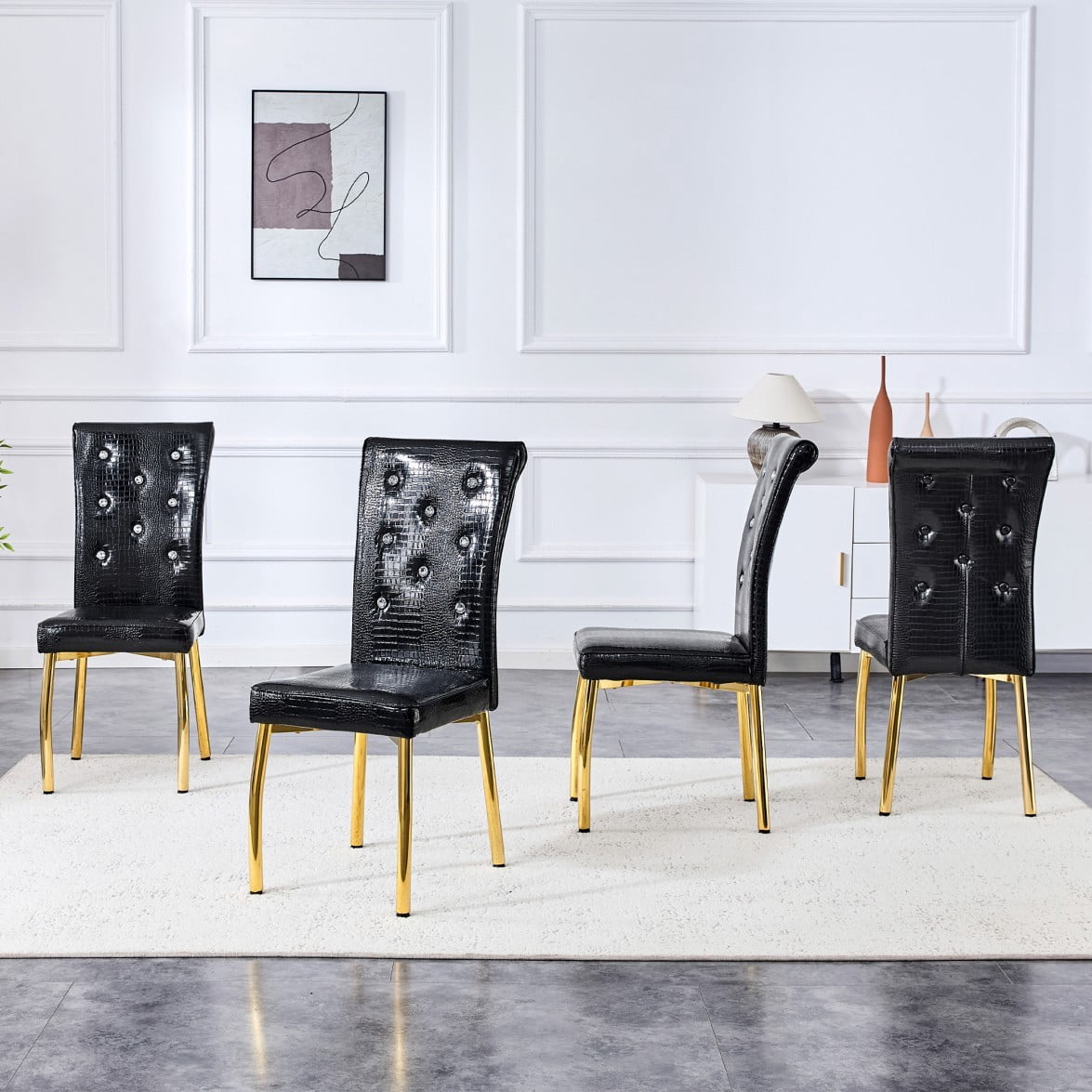 Set of 4 Retro Dining Chairs, Faux Alligator-Textured PVC Leather Upholstered Chairs with Crystal Button Details & Galvanized Metal Legs, 400 LBS, Black & Gold